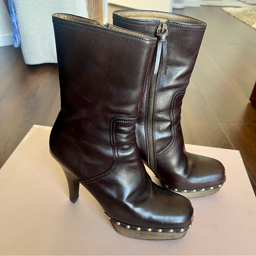 SPRING SALE! Authentic Miu Miu Brown Heeled Boots with Gold Studs, size 36.5